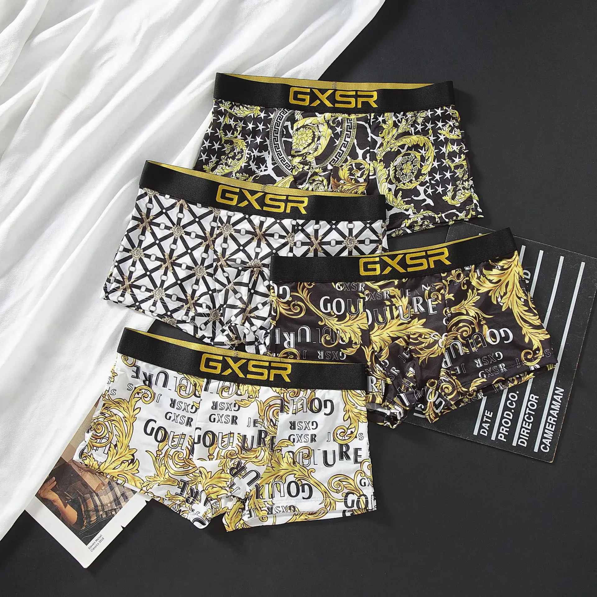 GXSR men's ice silk loose trend fashion pattern u convex bag elastic breathable comfortable four-corner pants