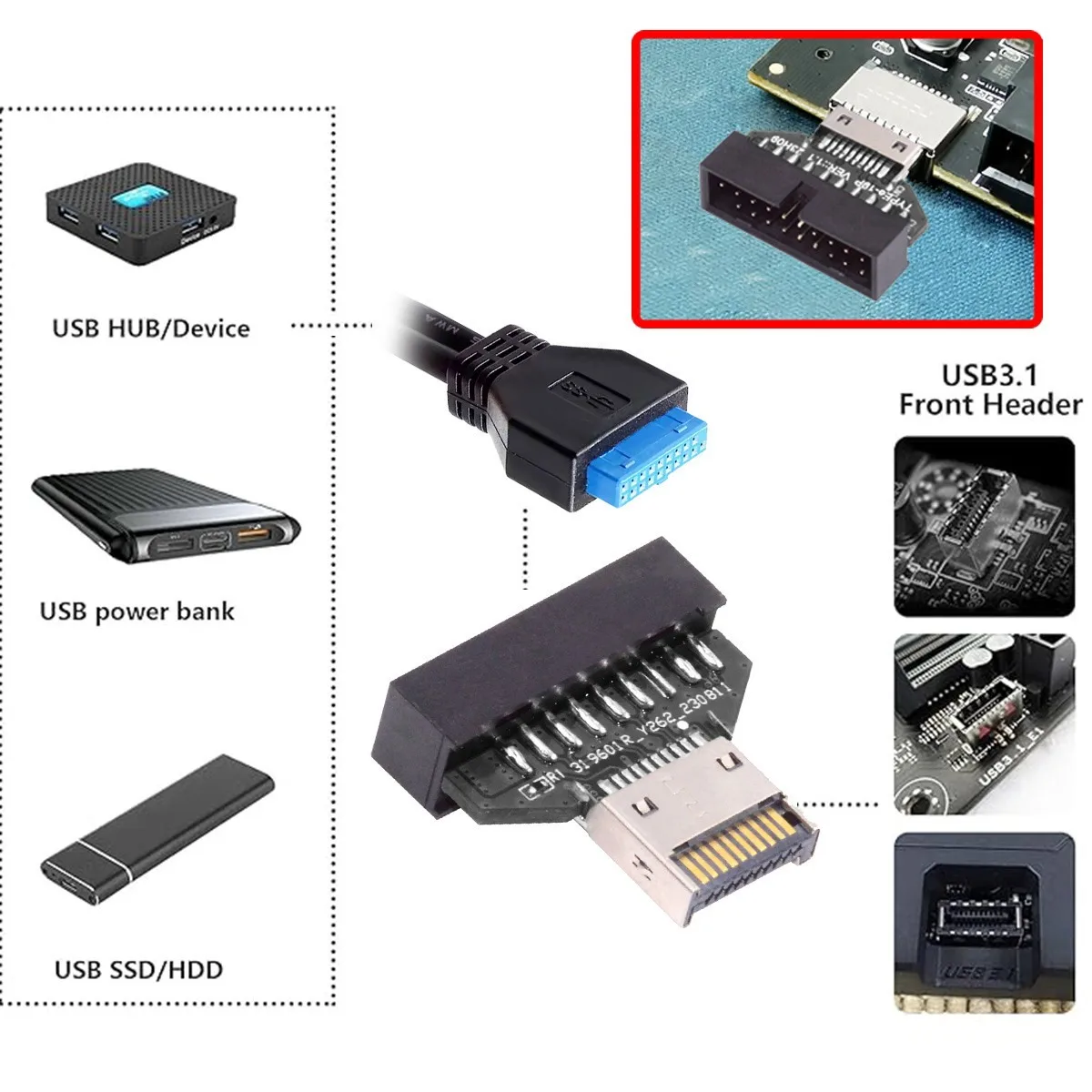 Фото Кабель-адаптер USB3.1 Type-E с разъемом IDC USB 3.1 на разъем передней панели на 2 порта USB 3.0, гнездовой адаптер для материнской платы PCBA 20 см №4
