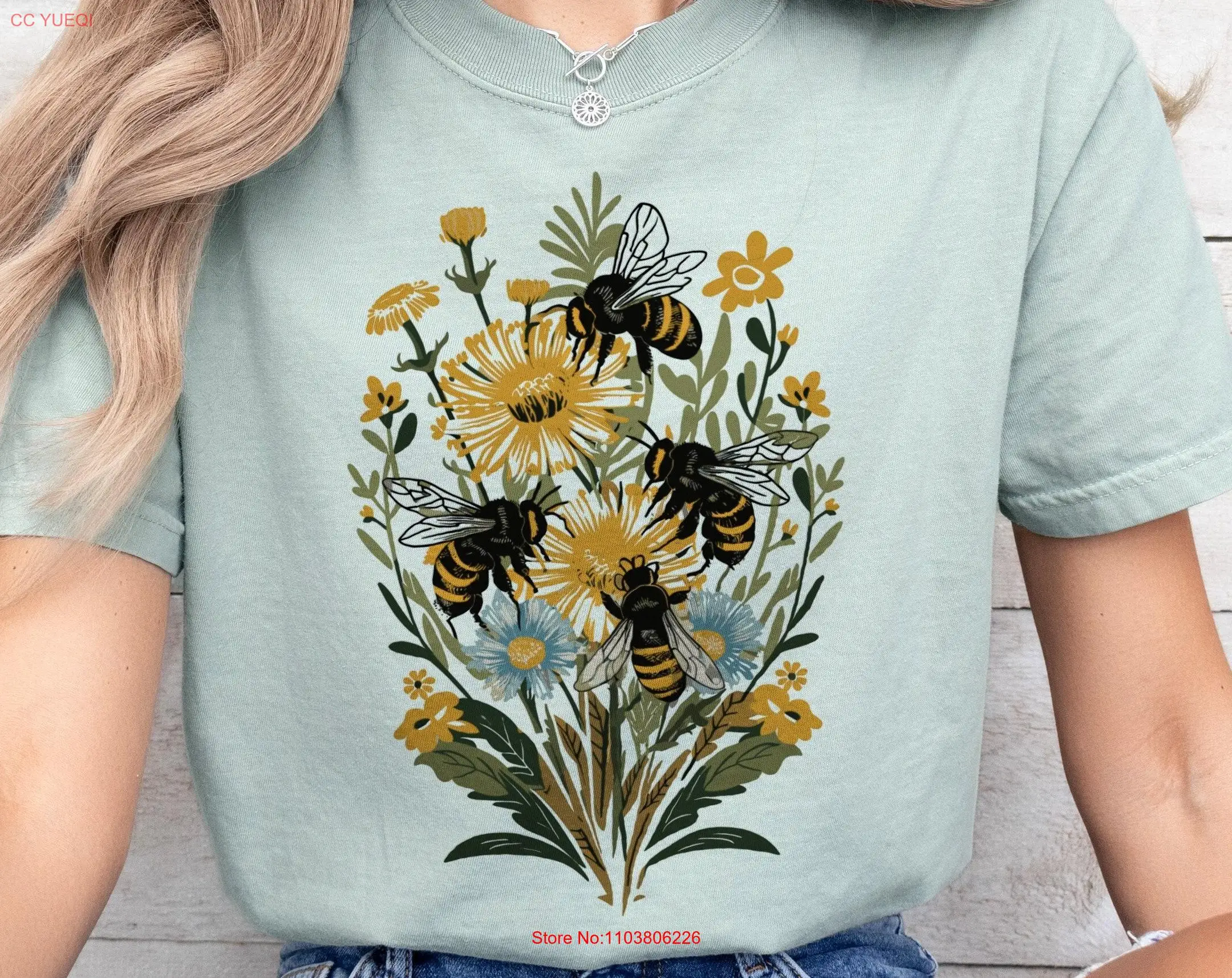 Футболка с цветочной пчелой Nature Lover Aesthetic Boho Cottagecore Flower Folk Art for Her Comfort Colors с длинными или короткими рукавами