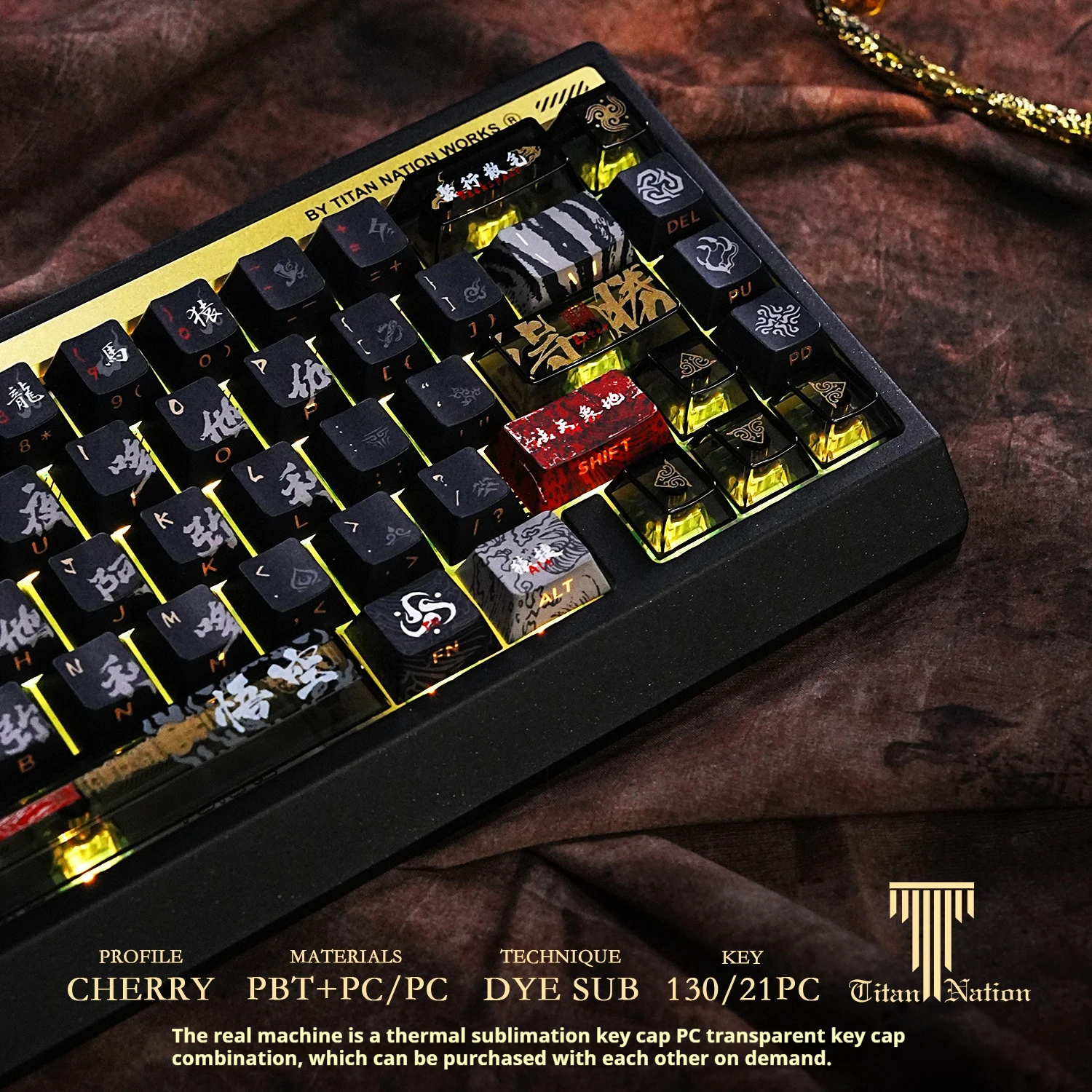 Фото Игровая тема Wukong, колпачок для клавиш, 130 клавиш, Cherry Profile PBT + PC, процесс сублимации красителя для Mad 60he Mad 68he Ace 68, игровая клавиатура №3