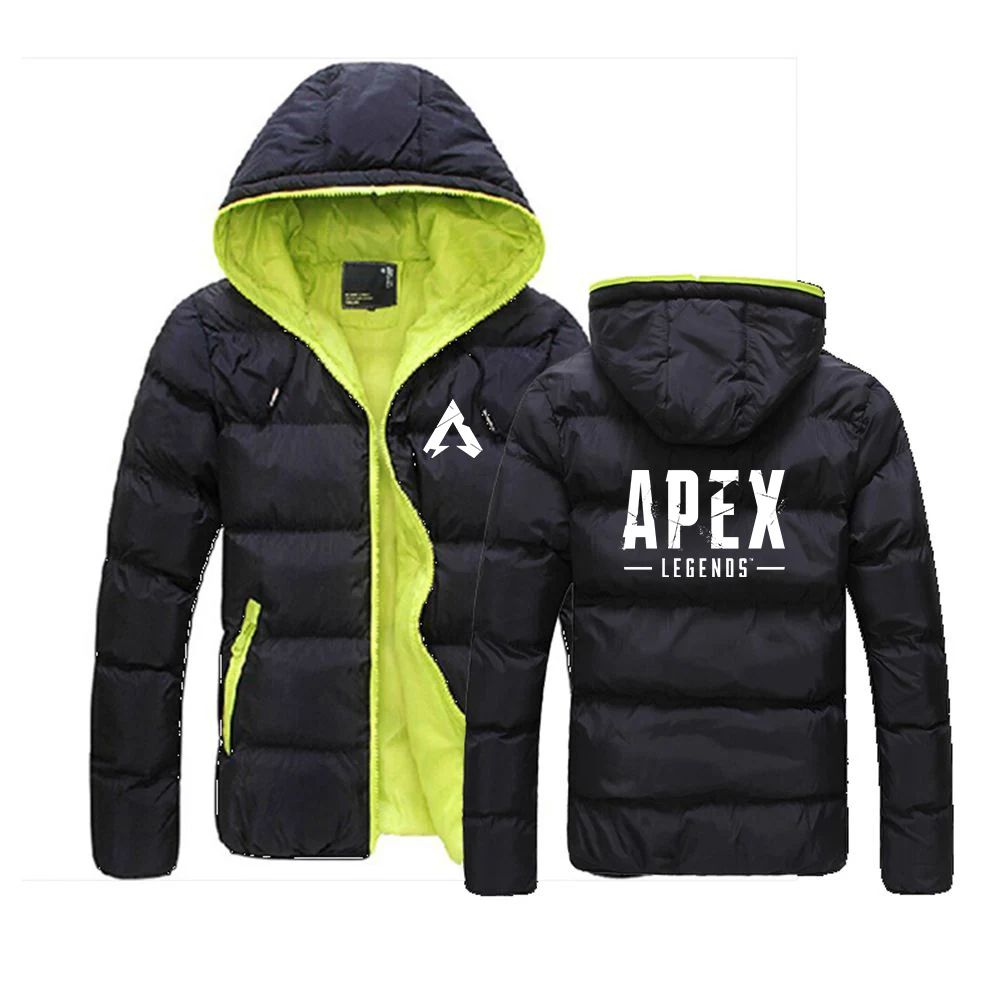 Фото Осень-зима 2022, мужской пуховик Apex Legends с принтом игрового логотипа, индивидуальный пуховик с капюшоном и защитой от холода, контрастный цветной дизайн, пальто №2