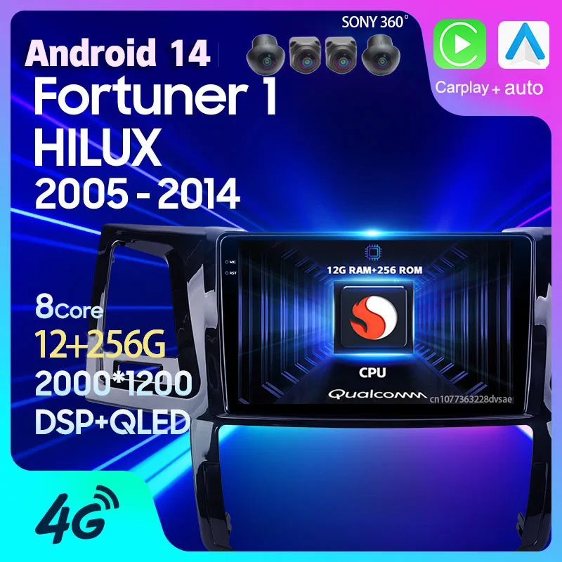 Автомобильный радиоприемник Android 14 для Toyota Fortuner 1 AN50 AN60 HILUX Revo Vigo 2005-2014 Carplay Auto GPS Стерео навигационный плеер Видео