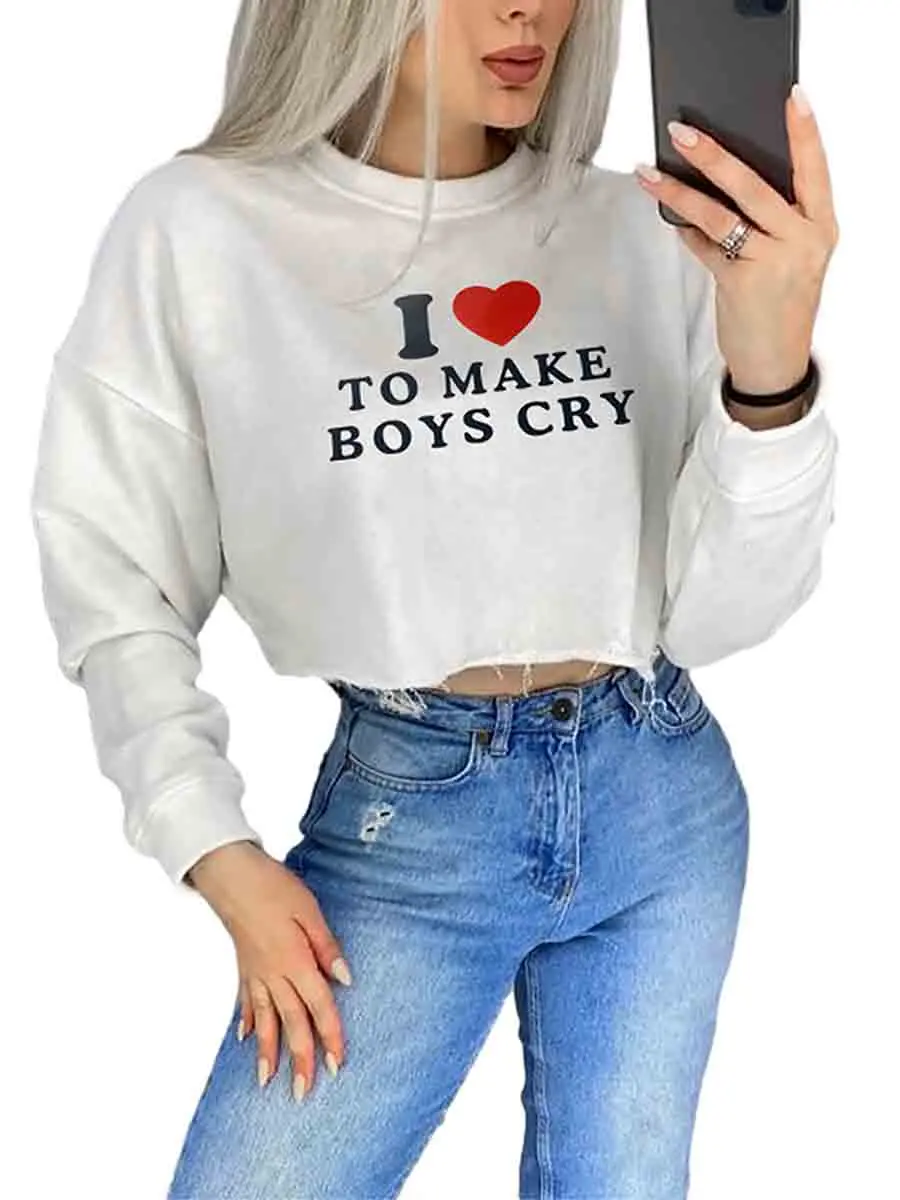 Женская рубашка с надписью «I Love To Make Boys Cry», кроп-топ Y2K, футболка с длинным рукавом, Укороченный свитшот, пуловер, футболка для девочек-подростков