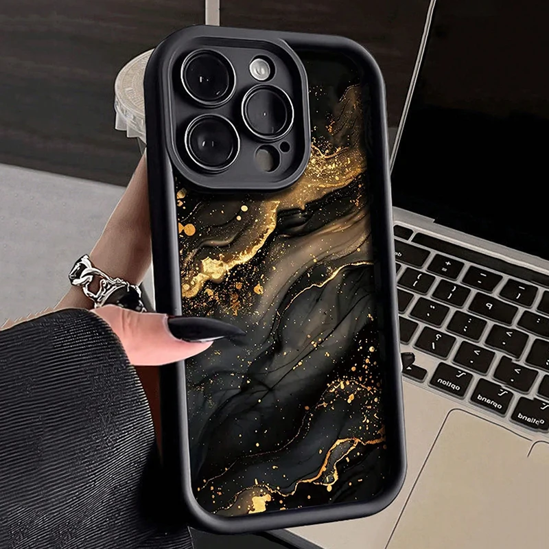 Черный резной окрашенный чехол для телефона с мраморным узором для iPhone 16 Pro Max 15 14 13 12 11 XS X XR 7 8 Plus 16e SE 3 2022 Cover