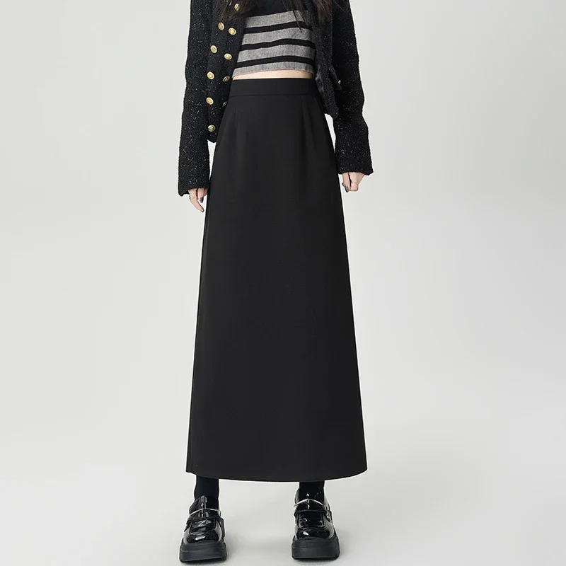 Фото New Autumn Winter Woolen Long Skirts Women Retro High Waist A-line Wool Blend Skirt Ladies Elegant Wrap Hip Midi Skirts №2