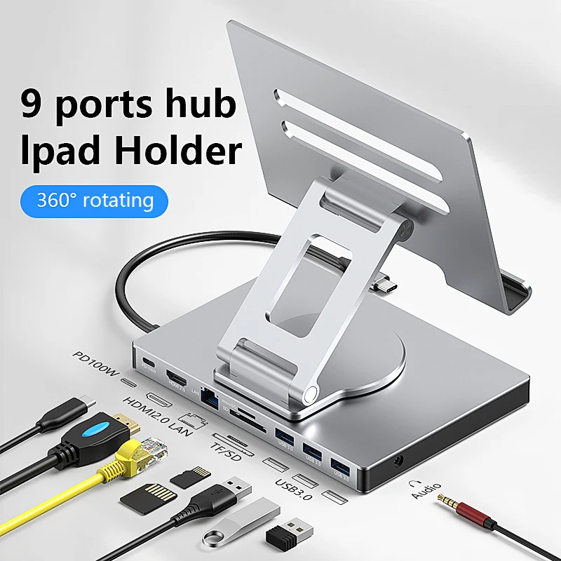 Подставка Blueendless для ipad, USB C концентратор 4K 60 Гц HD Type-C 100 Вт PD SD/TF слот-ридер USB 3,0 5 Гбит/с 9 в 1 концентратор Type-C держатель для ipad