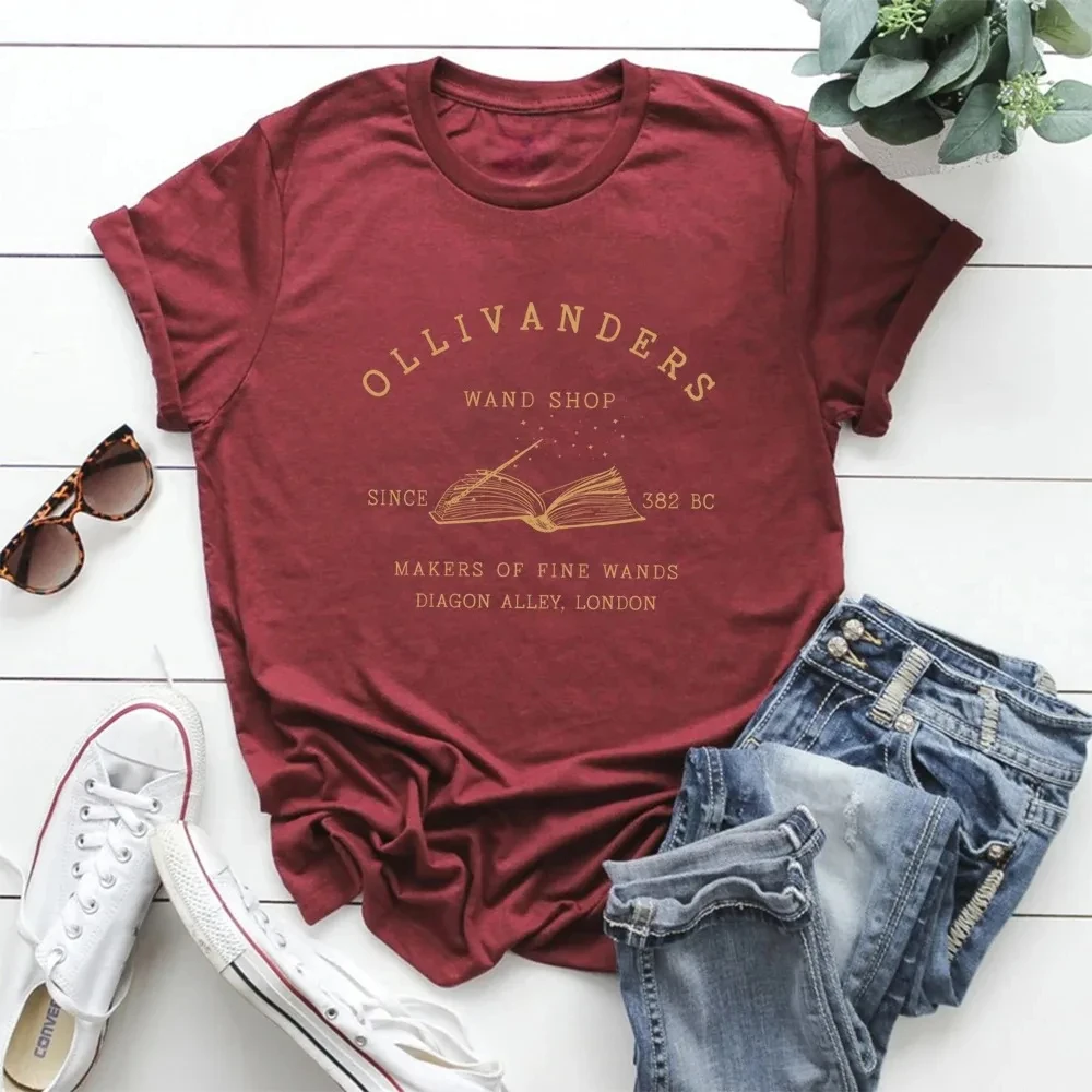 Фото Футболка из 100% хлопка Ollivanders Wand Shop Wizard Book Shop HP Shirts Book Nerd Эстетическая одежда Волшебная футболка Топы для мужчин и женщин №5