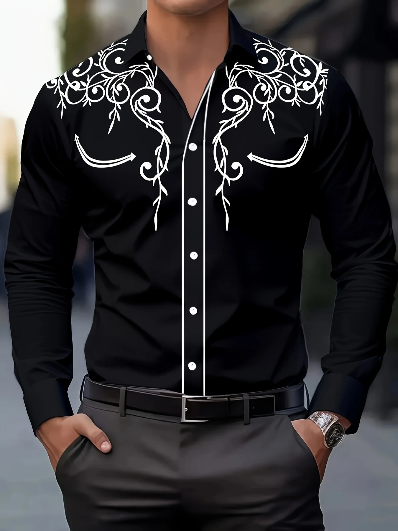 Фото Men's Stylish Long Sleeve Shirt Breathable Casual Button-Up vintage Spring Fall west cowboy style full sleeve shirts №4