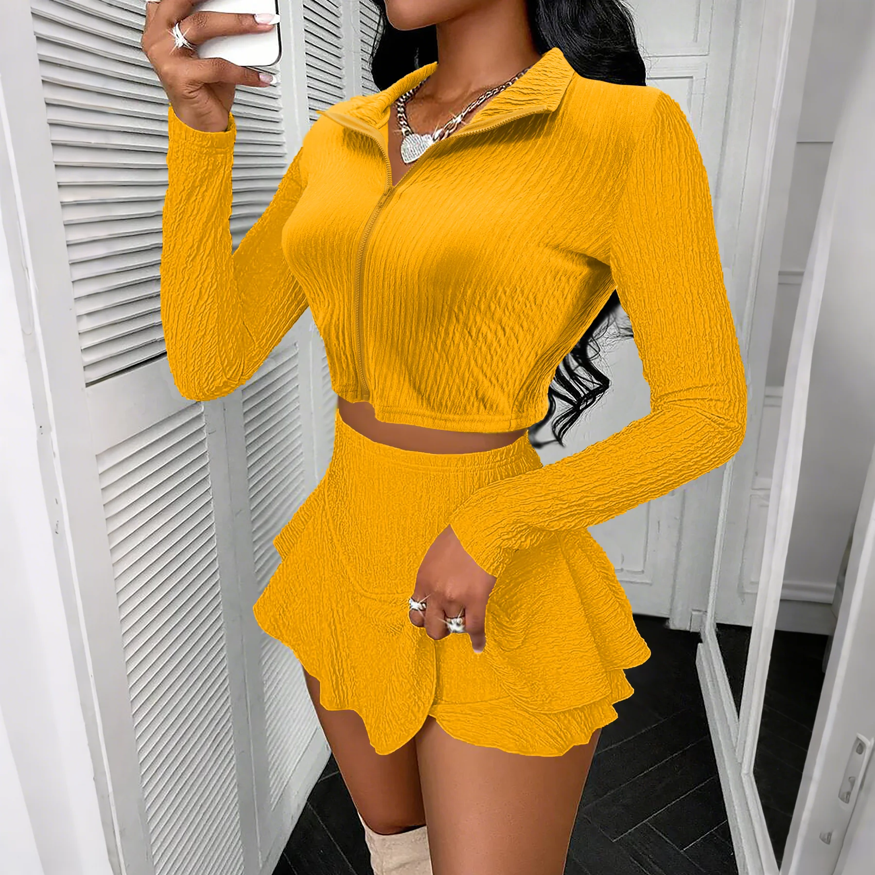 Фото M3086 Women's Spring new collection: Eye-catching solid color zipper short top two-piece set, ruffled trouser skirt and half ski №5