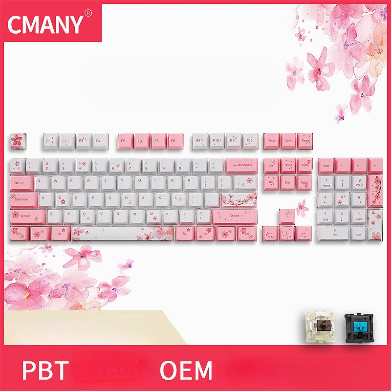 Розовые колпачки для клавиш Sakura PBT, термосублимационная механическая крышка для клавиатуры OEM для переключателя MX 60/84/Fi75/90/104/108
