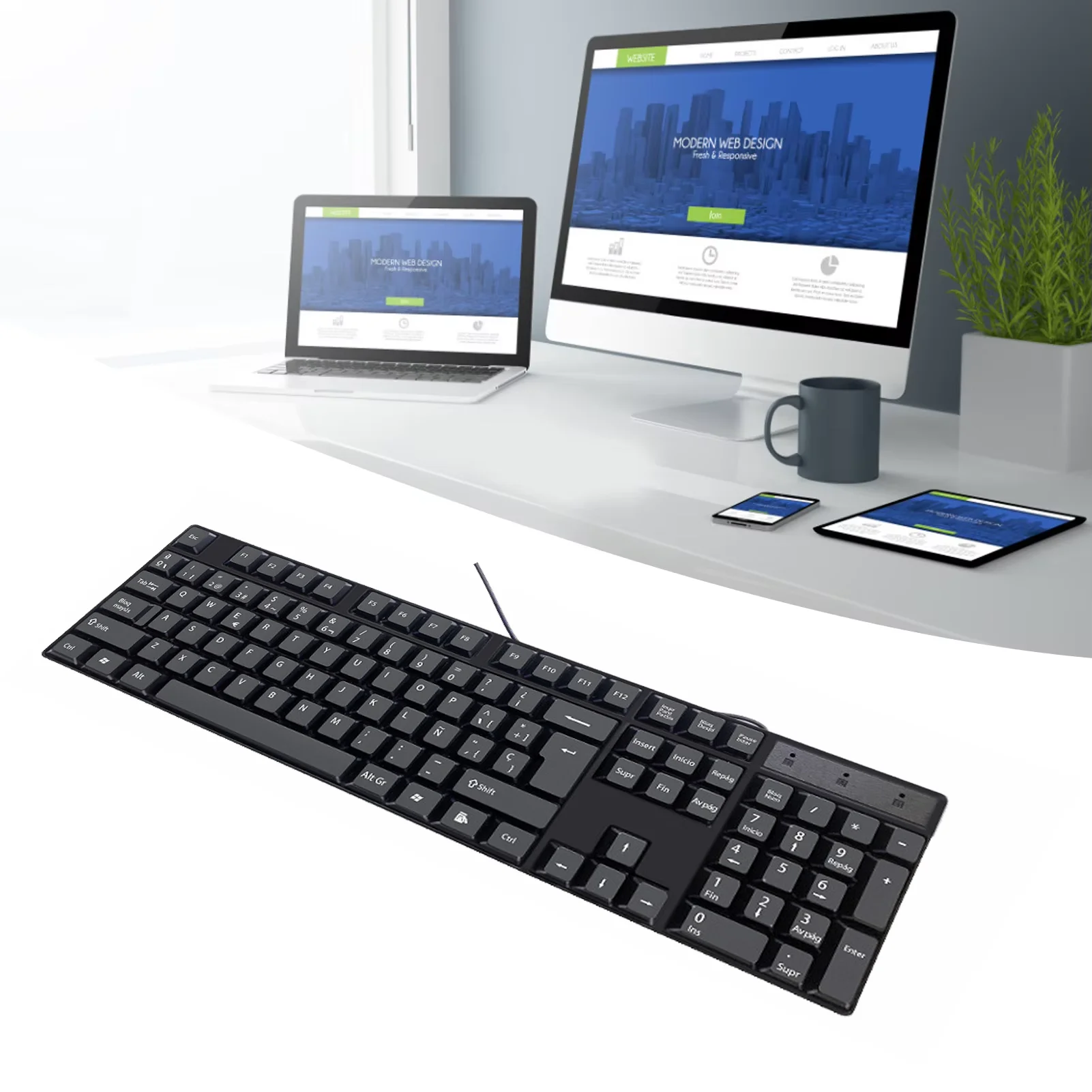 Фото Русская, испанская, французская, английская, арабская, проводная USB-клавиатура, эргономичный дизайн, игровой офис, 104 клавиши, языковая клавиатура для ПК, ноутбука №5
