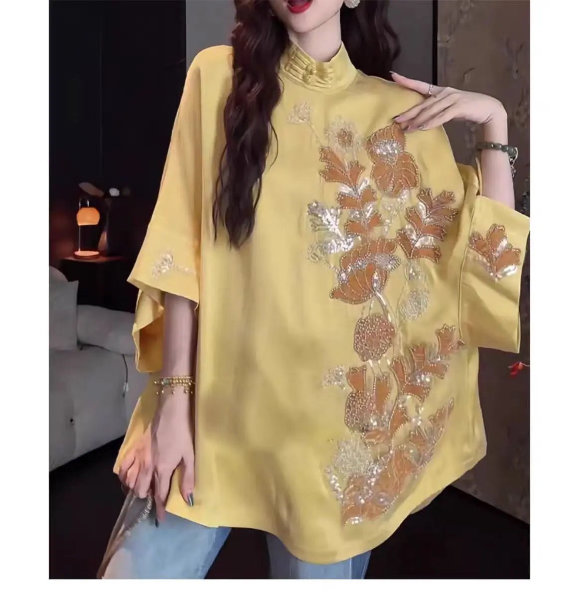 Осенняя новая женская куртка Cheongsam в китайском стиле с воротником-стойкой и рукавами семь четвертей, расшитая бисером лотоса, S-XL