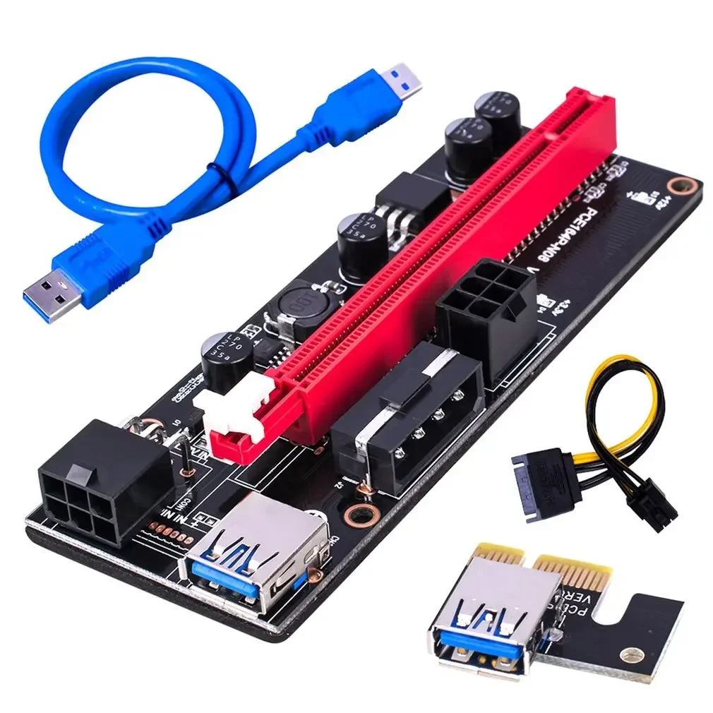 Фото PCI-E Riser 009S 1X 16x Extender PCI E USB Riser 009S Dual 6-контактный адаптер SATA 15pin для видеокарты BTC USB 3.0 №2