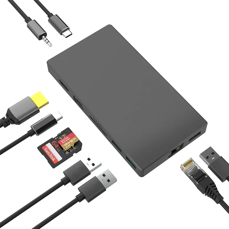 9 в 1 USB Type C к адаптеру Док-станция Гигабитная сеть HD ТВ-кардридер Многопортовый концентратор USB C