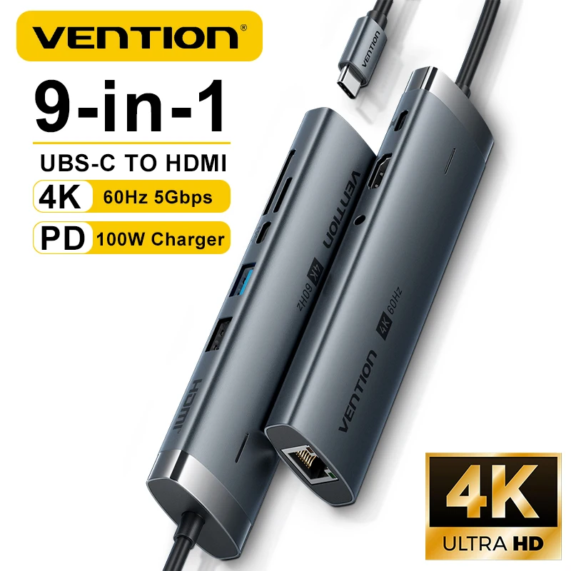Vention 9-в-1 USB Gen 3.2 Многопортовый концентратор USB 3.0 5 Гбит/с Передача данных Док-станция Тип C на HDMI для MacBook Адаптер RJ45
