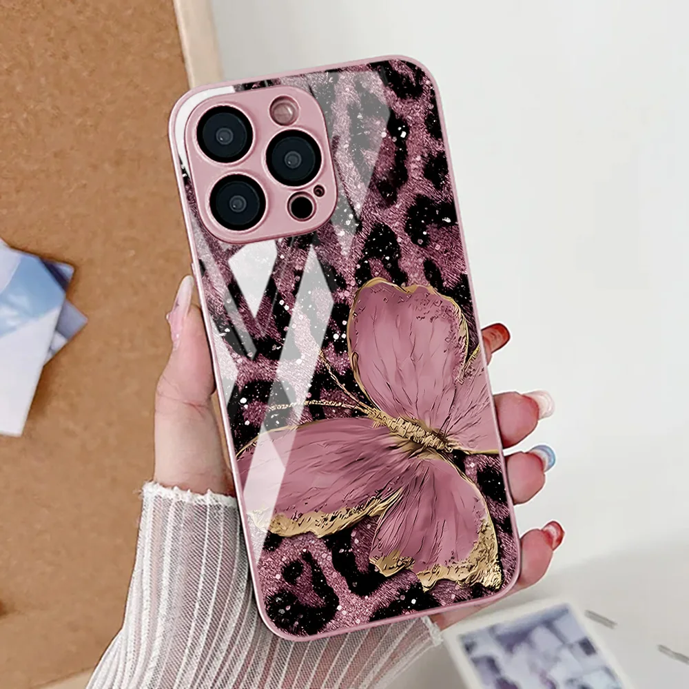 Чехол для телефона с леопардовым принтом бабочки для iPhone 17, 16, 14, 13, 11, 12, 15 Pro Max Air 16E 8 7 Plus XR SE, силиконовый чехол из закаленного стекла