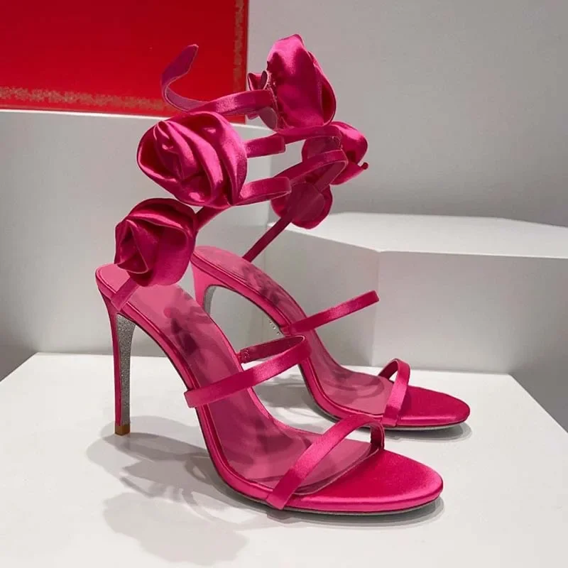Satin Ultra High Heel Strappy Sandals Stiletto Round Toe Flower Decorated High Heels Plus Size Women Shoes Zapato De Tacon