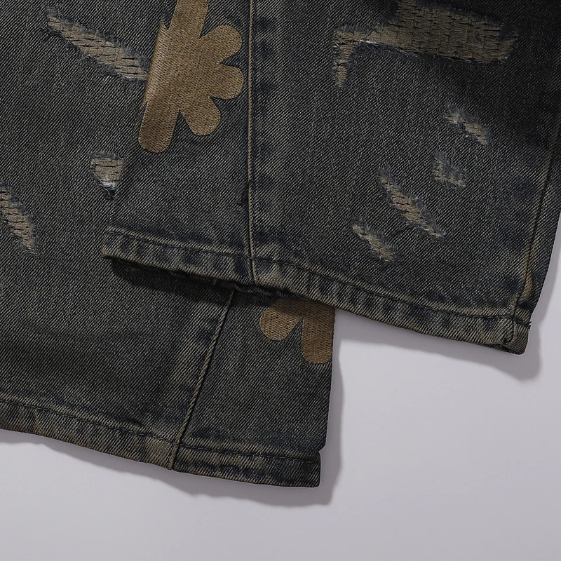 Фото LOST SHDWS JEANS Новые американские ретро свободные прямые джинсовые брюки с вышитым цветочным логотипом мужская уличная одежда №4