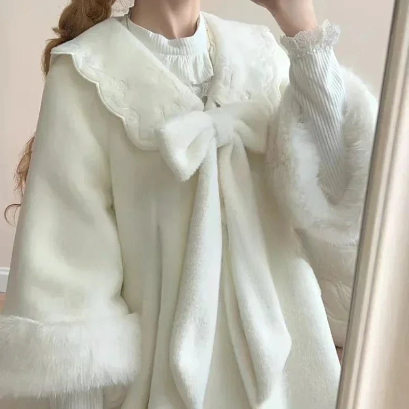 Зимнее милое дизайнерское пальто Kawaii Bow LFashion, однотонное длинное стильное пальто, женское белое женское пальто High Street Lolita, теплый, новинка 2025 года, rrgg2