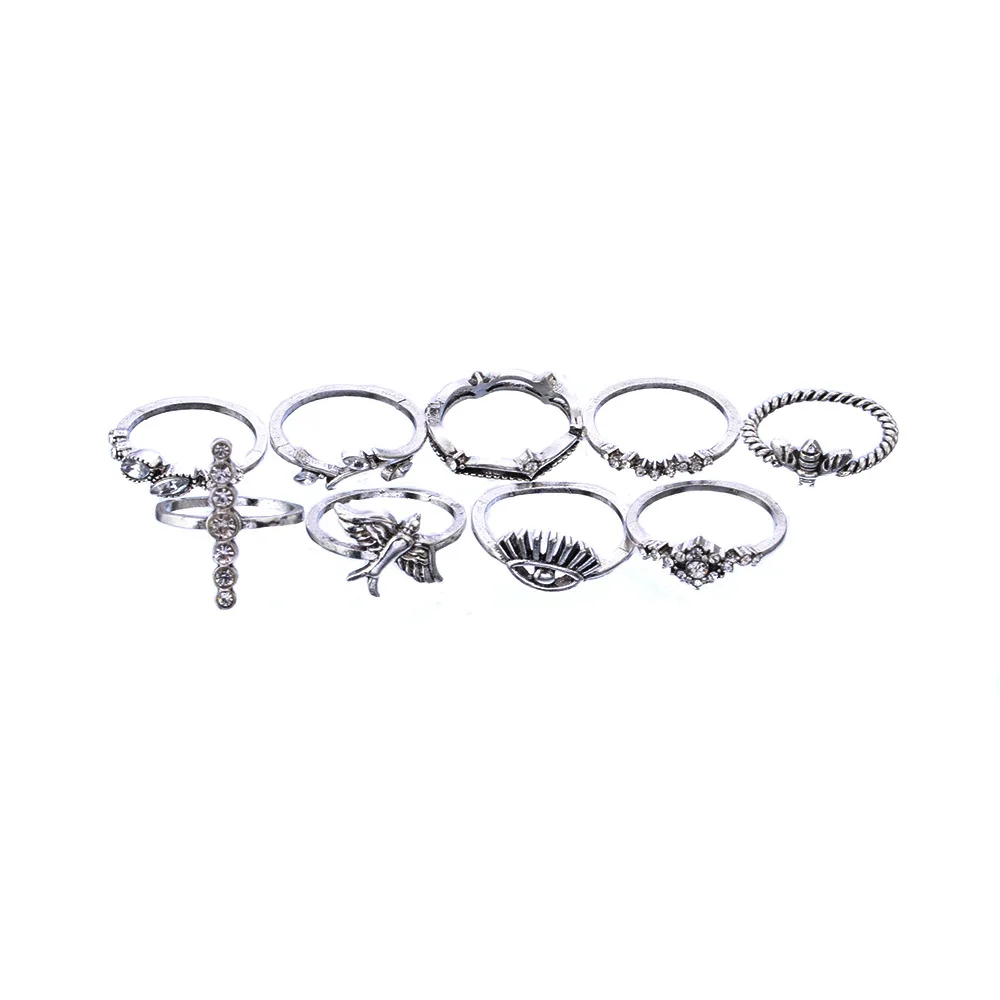 Фото 9 шт./компл. BoHo Campuran Shell Menelan Putri Wreath Jahat Mata Kristal Set Cincin Wanita Musim Panas Perjamuan Gaun Perhias №3