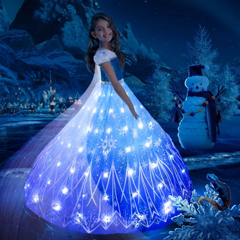 Новинка 2024 года, платье Uporpor Frozen Princess Elsa со светодиодной подсветкой для девочек, детская праздничная одежда для косплея, карнавальная рождественская одежда Снежной королевы abc