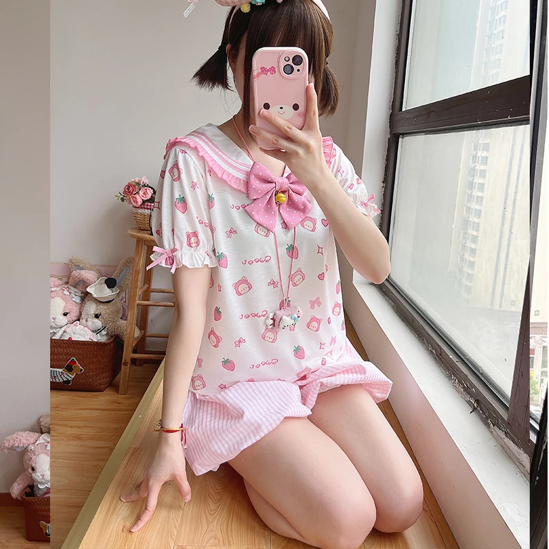 Фото Оригинальная мягкая розовая юбка Kawaii для девочек SK, топ с короткими рукавами, комплект из 2 предметов, летняя новая студенческая милая футболка с бантом, юбка на бретелях, наряды №5