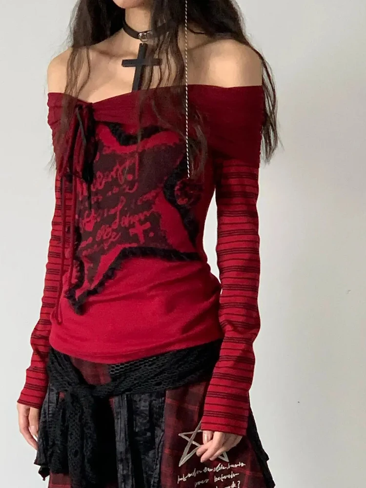 Zoki Punk Star женская футболка Y2K сексуальные готические топы с разрезом на шее Harajuku ретро тонкие с открытыми плечами женские уличные футболки с надписью новые