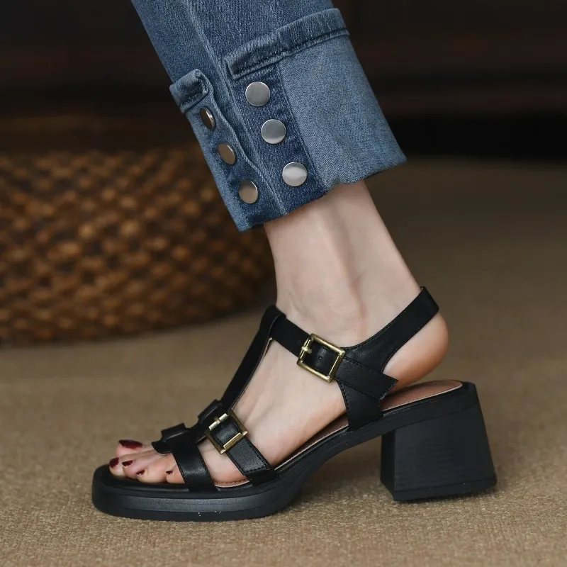 Sandalias De Mujer2025 новые модные женские сандалии в стиле ретро на высоком каблуке, летняя трендовая повседневная офисная удобная женская обувь