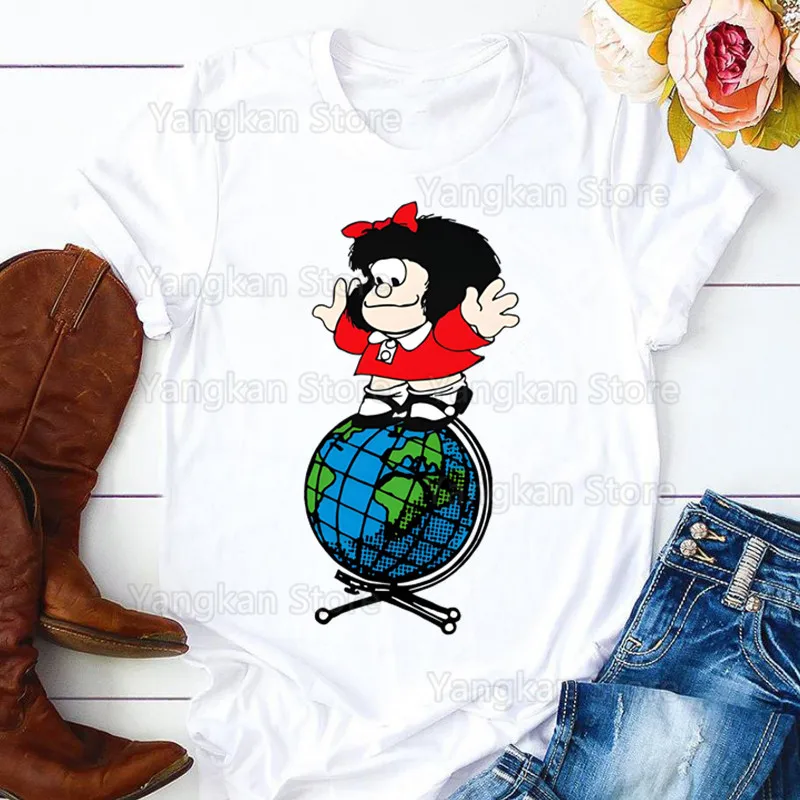 Фото Mafalda женские летние женские футболки с мультяшным принтом для мамы, топ, женская футболка с графическим рисунком, женская футболка №4