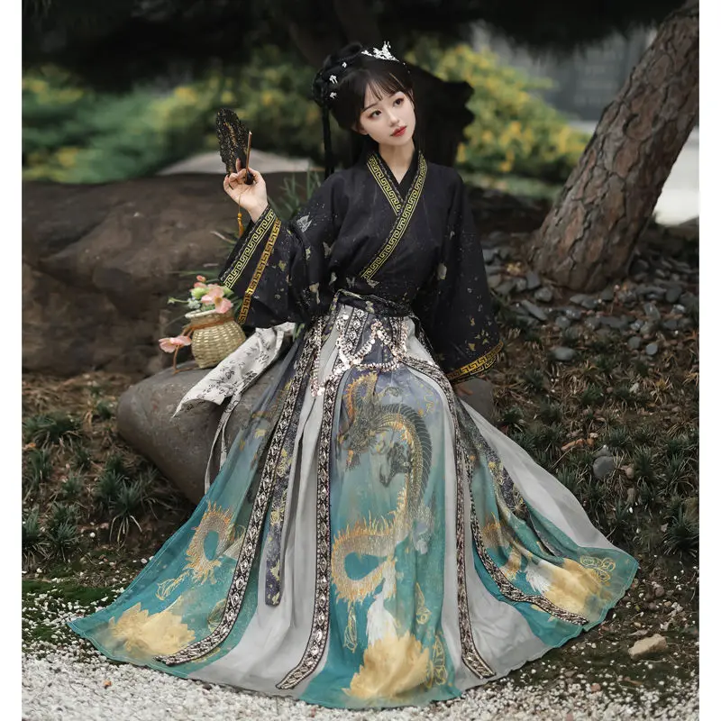 Фото Женский костюм в китайском стиле Hanfu Wei Jin, традиционная китайская юбка с воротником, юбка на талию, повседневный костюм для осени и зимы №4