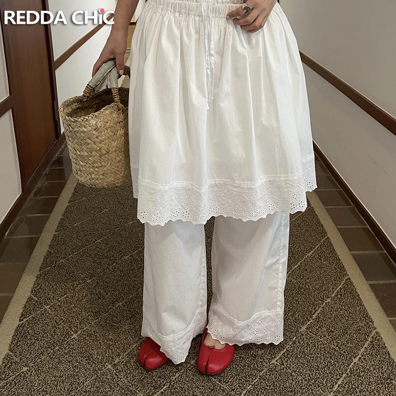 REDDACHiC Cottagecore белые брюки-палаццо в стиле бохо, повседневная кружевная многослойная юбка с эластичной резинкой на талии, широкие брюки, женская одежда