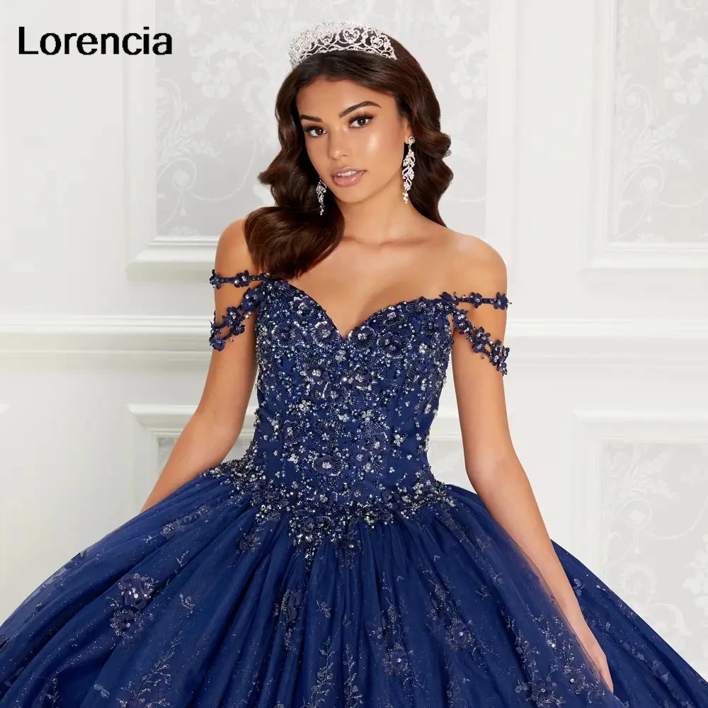 Фото Lorencia Блестящее Темно-Синее Платье Quinceanera Бальное Платье Кружева Аппликация Бисероплетение Кристалл Мексиканский Sweet 16 Vestidos De 15 Años YQD719 №3