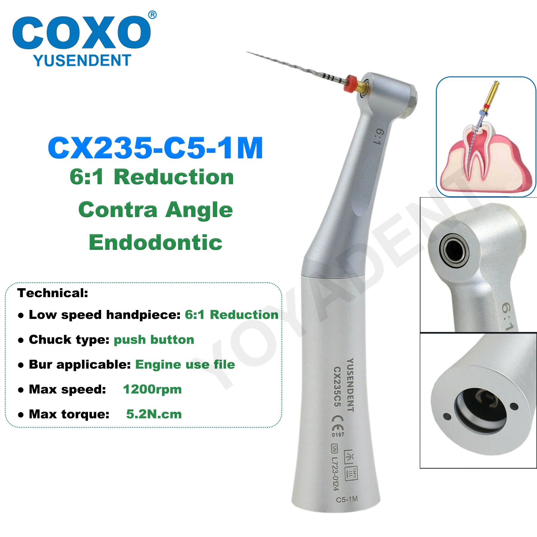 Фото COXO Dental 6:1/10:1 Низкоскоростной наконечник 45o Поршневая эндодонтическая обработка Наконечник типа E Подходит для Dentsply M4 KAVO NSK W&H №4