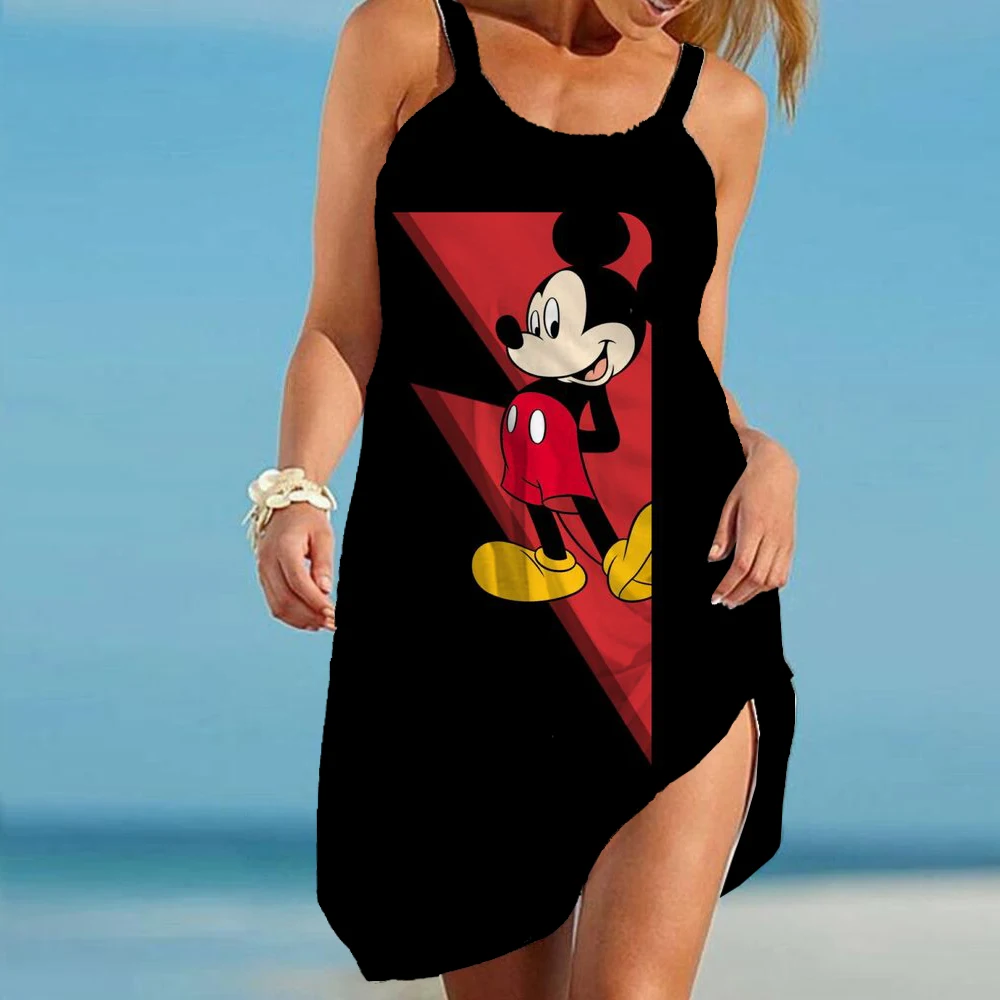 Gaun Wanita Seksi Disney Minnie Mickey Gaun Pantai Wanita Antik Tanpa Selempang Midi Merek Boho