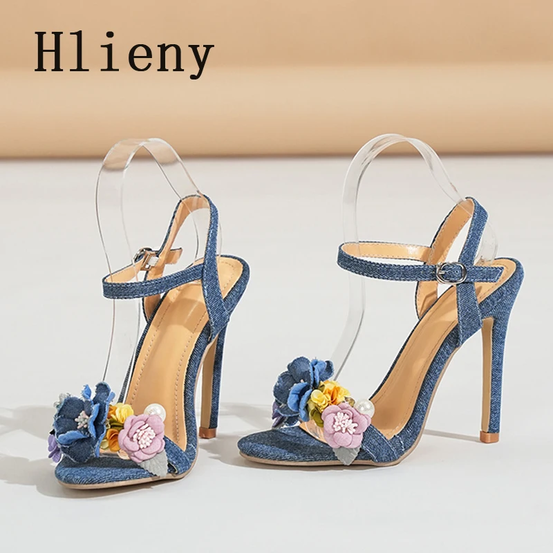 Летние модные дизайнерские сандалии Hlieny с цветочным ремешком и пряжкой, тонкий каблук, джинсовые синие женские Босоножки с открытым носком, женская обувь
