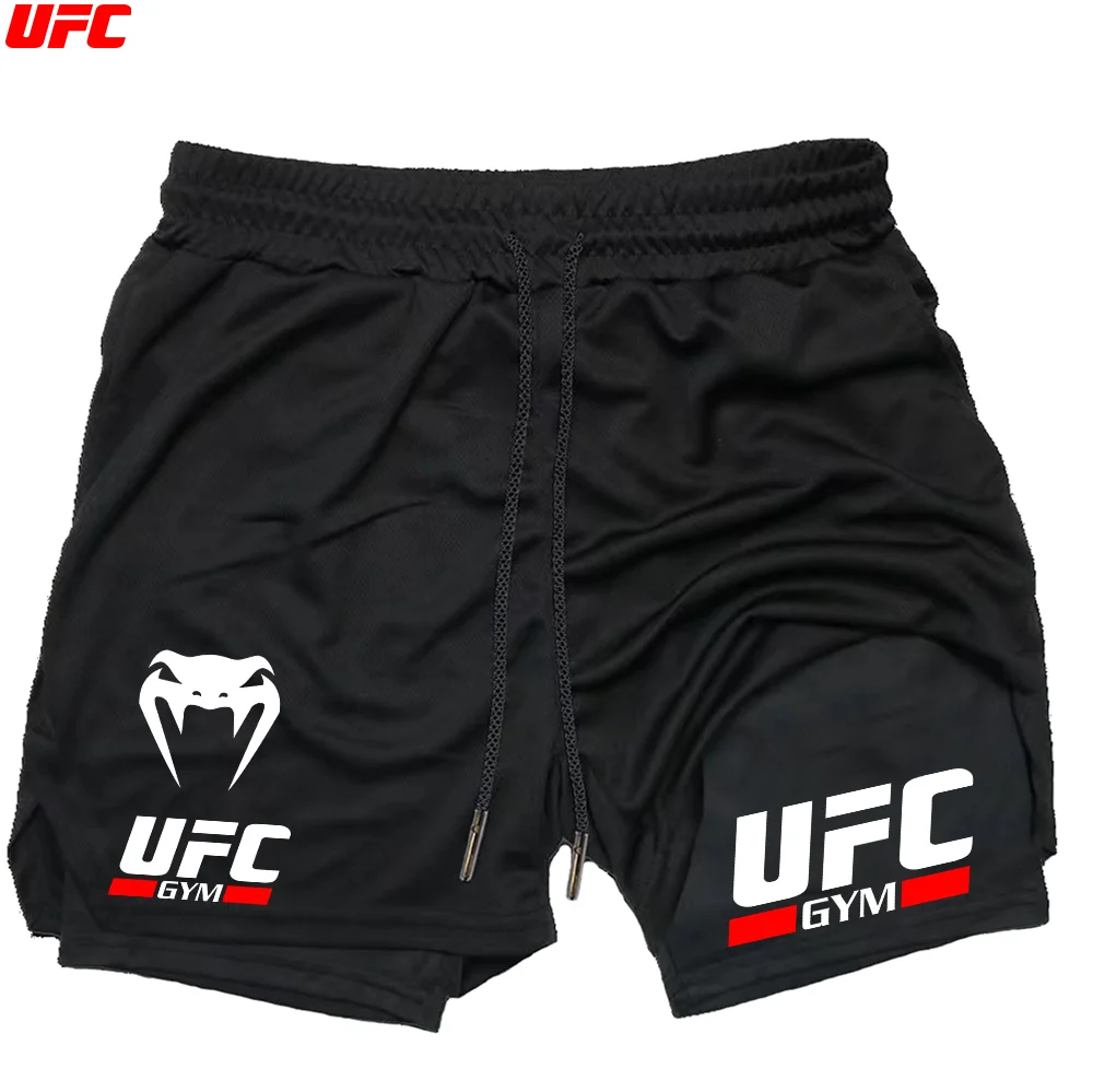 Фото UFC двухэтажные шорты для тренажерного зала, фитнеса, тренировок, шорты для бега, мужская спортивная одежда, компрессионные шорты для бега 2 в 1, мужские шорты №3