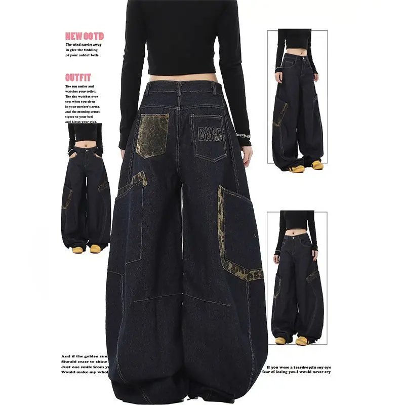 Gyaru Acubi Alt Grunge Subcultural Streetwear Брюки Pantalones Mujer Американские лоскутные джинсы с леопардовым принтом и несколькими карманами