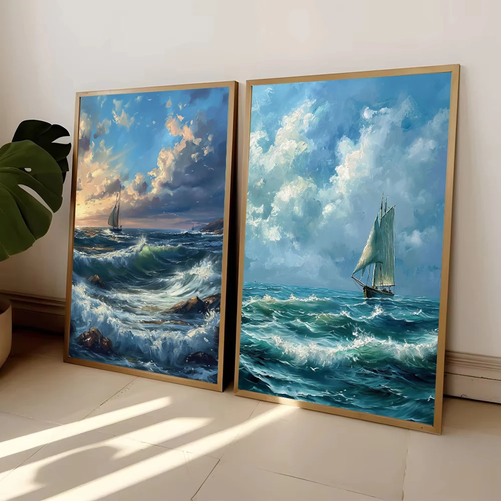 Морской пляж Плакат Океан Корабль Лодка Волна Маяк Девушка Серфинг Холст Картина Пальма Печать Настенное Искусство Картина Декор Гостиной