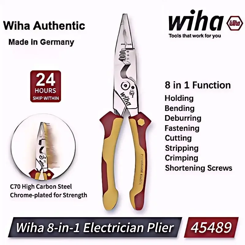 Wiha 45489 Многофункциональные инструменты для зачистки изолированных проводов 8-в-1 для промышленных электриков, остроконечные обжимные и кусачки, 1000 В VDE