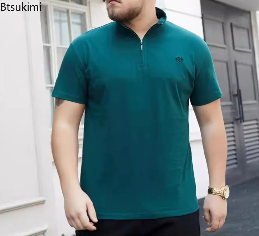 Фото Большие размеры 6XL, мужские летние хлопковые рубашки с коротким рукавом, модные повседневные тонкие рубашки поло на половину молнии, мужские спортивные топы для гольфа №4