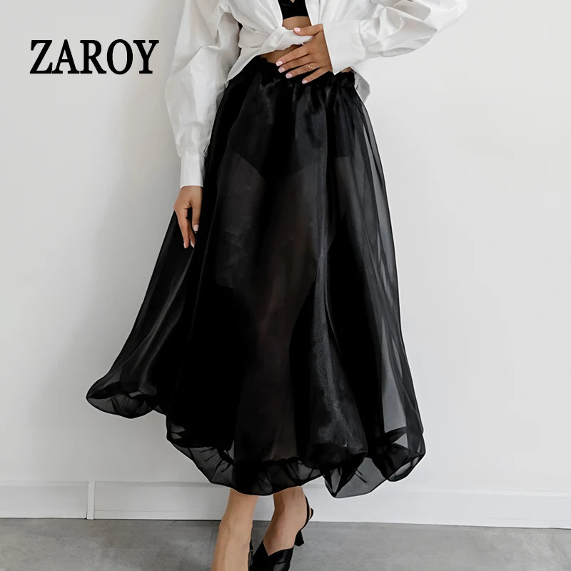 ZAROY женская перспективная юбка из органзы, сексуальная прозрачная юбка трапециевидной формы с высокой талией, простые французские юбки-пачки до щиколотки юбка Faldas