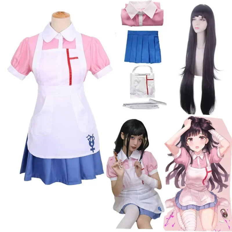 Mikan Tsumiki Косплей Костюм Аниме данганронпа женское платье горничная униформа ПОЛНЫЙ КОМПЛЕКТ Хэллоуин длинный парик Карнавальная одежда