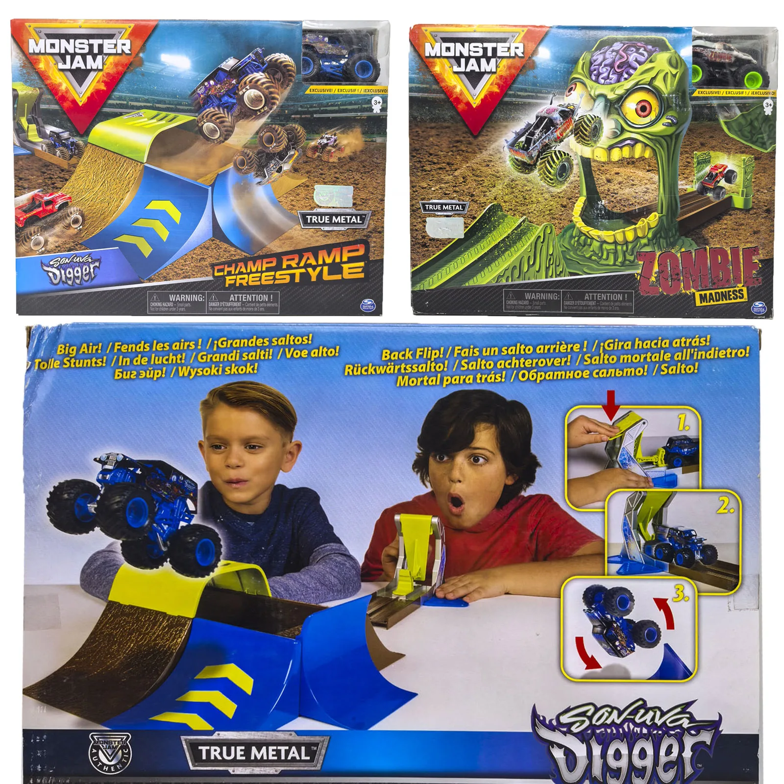 Monster Trucks Транспортные средства True Metal Son Uva Digger Zombie Madness Champ Ramp Slam To Lunch Back Flip Car Игрушка для мальчиков Подарок на день рождения