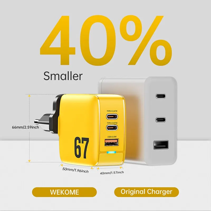 Фото WEKOME 67W GaN Быстрая зарядка Type C высокоскоростное USB-C/A зарядное устройство PD QC 3,0 PPS для iPhone 15 Pro Max Samsung S23 Xiaomi 13 Honor №4