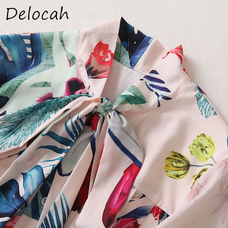 Фото Deloach модное женское высококачественное однобортное однобортное платье с воротником-стойкой и бантом с цветочным принтом и половиной рукава, элегантное большое свободное платье №4