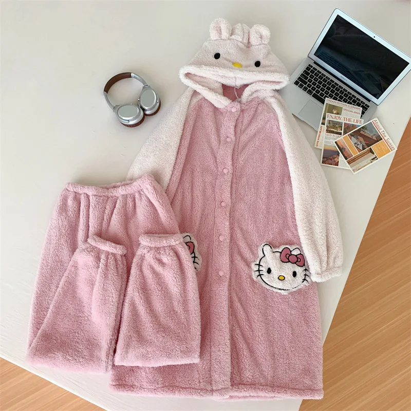 Kawaii милые Sanrio Hello Kitty аниме женские пижамы зимние утепленные теплые ночные рубашки с капюшоном мультфильм KT Cat плюшевый комплект домашней одежды