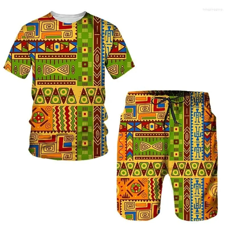 Фото 2024 Retro Men's T-shirts Shorts Set African Ethnic Style 3D Print Tracksuit Outfits Fashion Man Women Plus Size Sportwear Suits №2