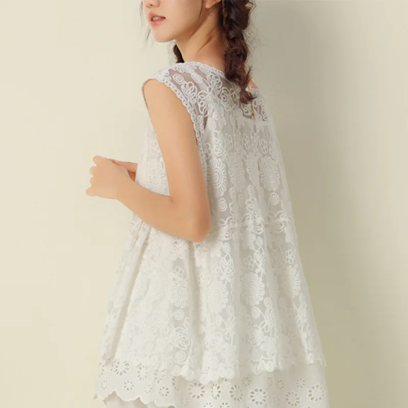 Фото Sweet Mori Girl Mesh Embroidery Lace Loose Waist Sleeveless Vest Vintage Elegant Chic Victorian Edwardian White Cover-ups Tops №3