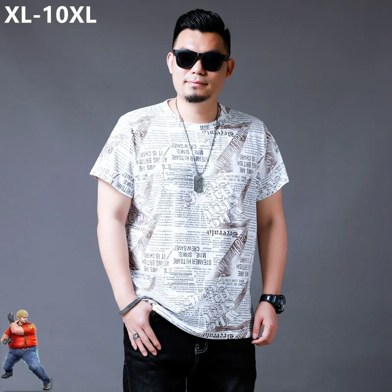 Фото Футболки 9XL 10XL Мужские футболки большого размера с белым узором Футболка большого размера 6XL 7XL 8XL с коротким рукавом Графические летние газетные свободные топы №2