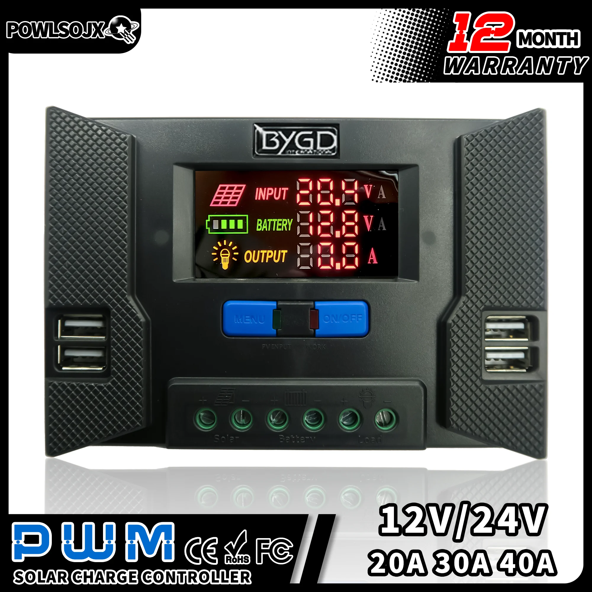 20A 30A 40A 12 в 24 в PWM PV солнечный контроллер зарядки яхты RV туристический автомобильный регулятор заряда двойной USB цветной экран